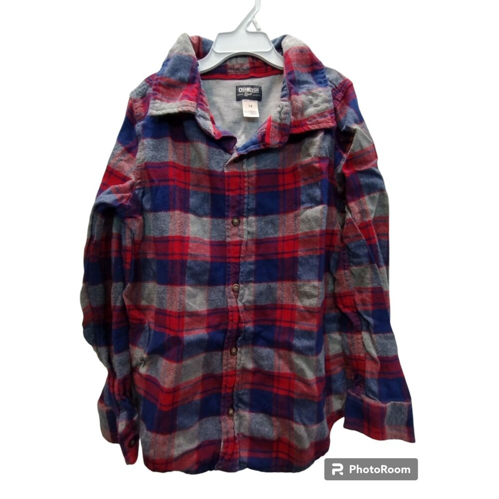 OshKosh B'gosh Boys Size 14 Flannel Plaid Button Down Shirt Red Blue Gray Cotton
